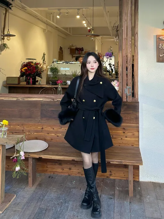 大码胖MM财阀千金绑带中长毛呢外套女冬季高级感收腰宽松呢子大衣