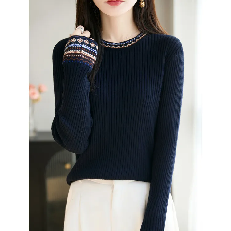 高端羊毛衫毛衣2025圆领提花毛衣女秋季新款提花显瘦针织宽松洋气