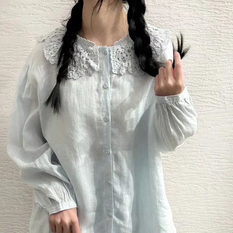 QC秋季新款可爱甜美百搭宽松显瘦亚麻长袖衬衫女