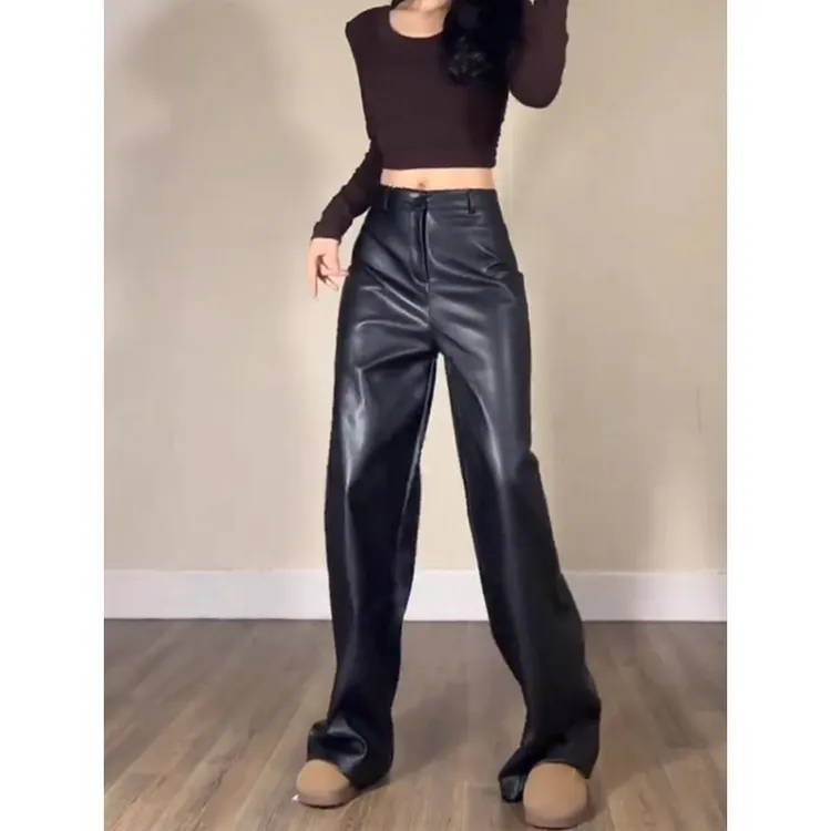 美式黑色辣妹阔腿皮裤女秋冬2025新款高腰垂感PU皮直筒拖地裤