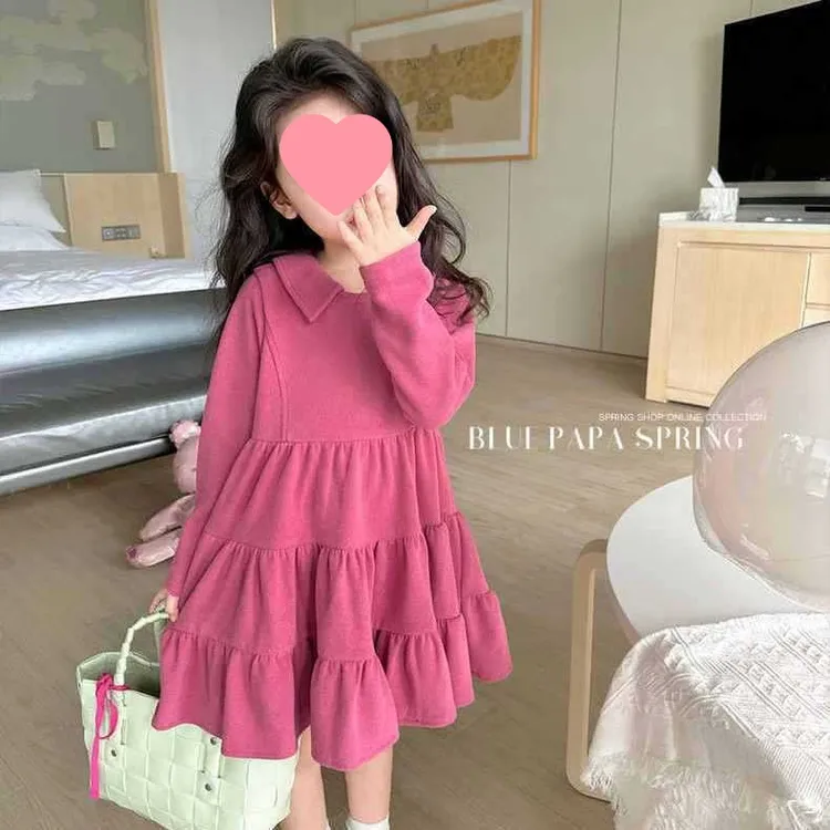 女童休闲秋款连衣裙2025新款中小儿童韩版洋气纯色长袖时髦公主裙
