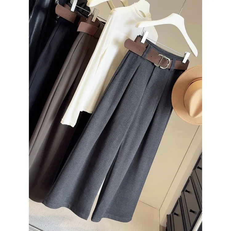 秋冬毛呢休闲女裤高腰直筒阔腿加厚不加绒适合梨型身材