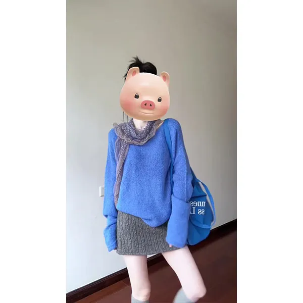 韩系宽松套头蓝色毛衣女秋冬斜肩针织衫上衣+麻花针织短裙女套装