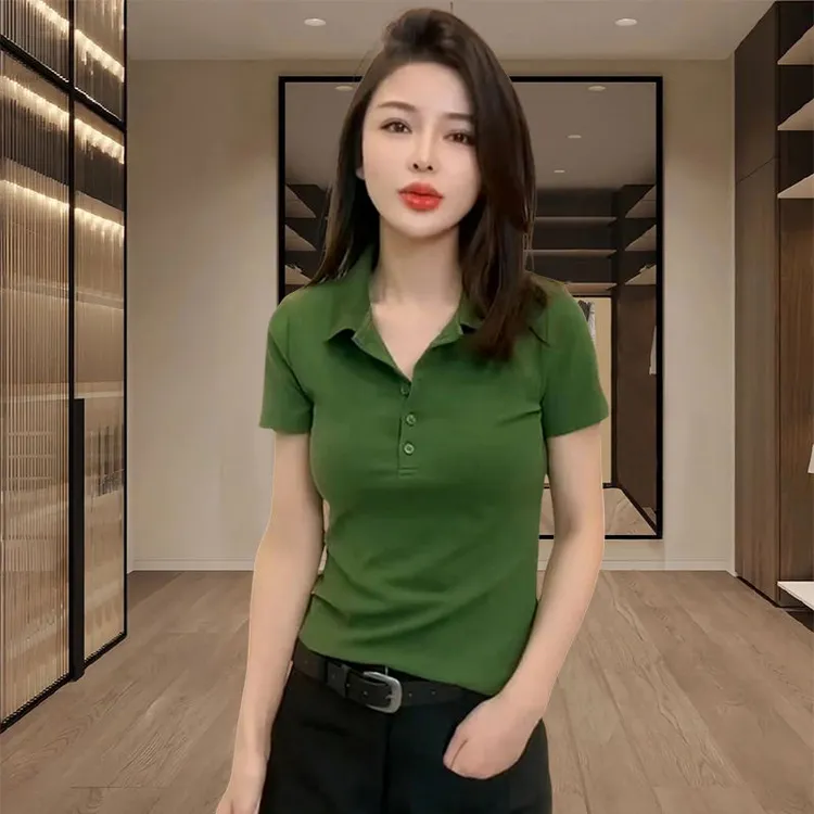 设计感Polo领短袖t恤衫女夏季时尚百搭简约修身显瘦气质纯棉上衣