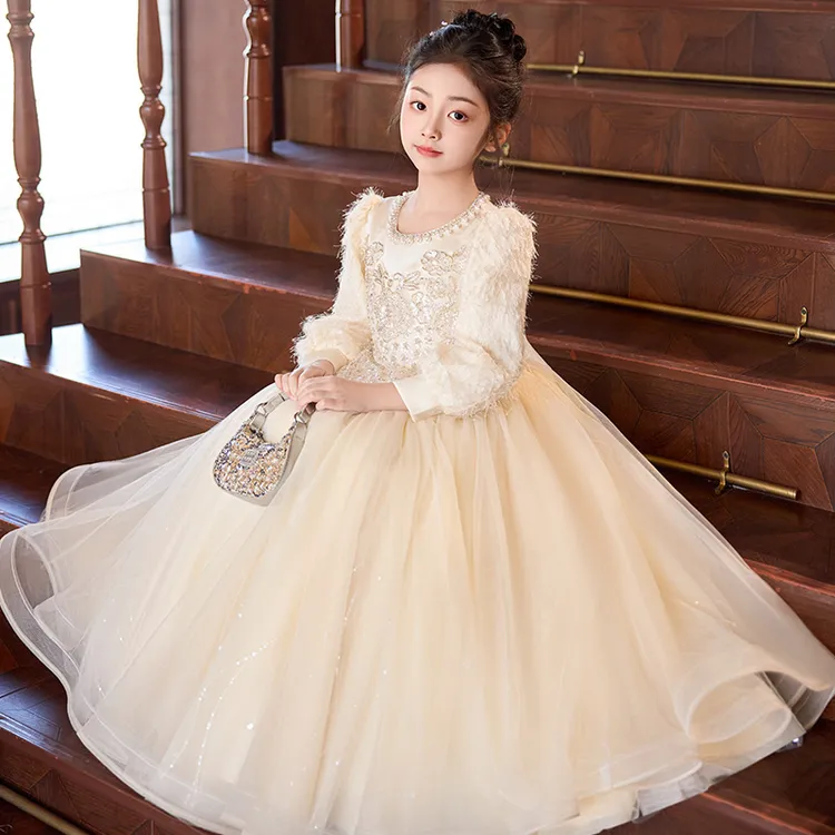 女童冬季礼服裙元旦主持人走秀演出服轻奢儿童生日公主裙花童服