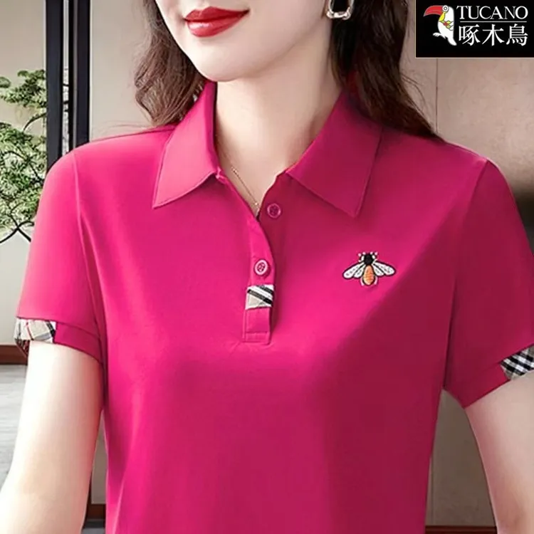 啄木鸟新款大码显瘦运动T恤女2025年夏季短袖时尚刺绣百搭上衣潮