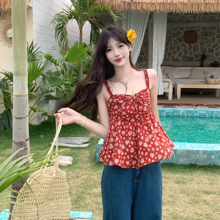 2025新款纯欲甜辣碎花抽绳吊带背心开衫套装