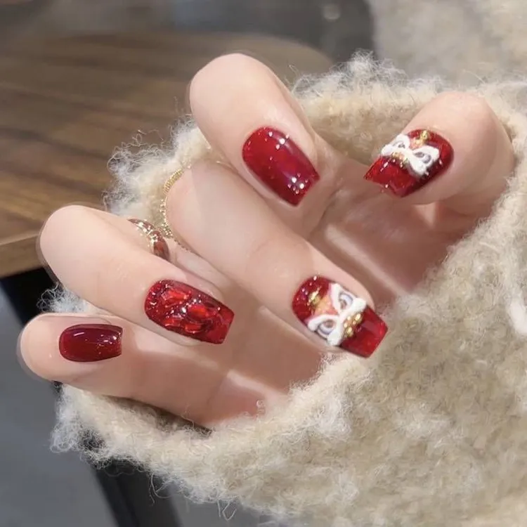 【国潮醒狮】手工穿戴甲片爆闪红色猫眼醒狮立体手绘国风新年美甲