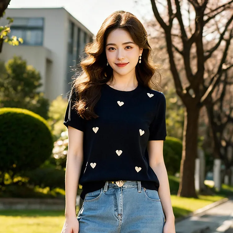 奢姿大码女装2025夏季减龄心形图案百搭针织衫胖妹妹时尚简约上衣