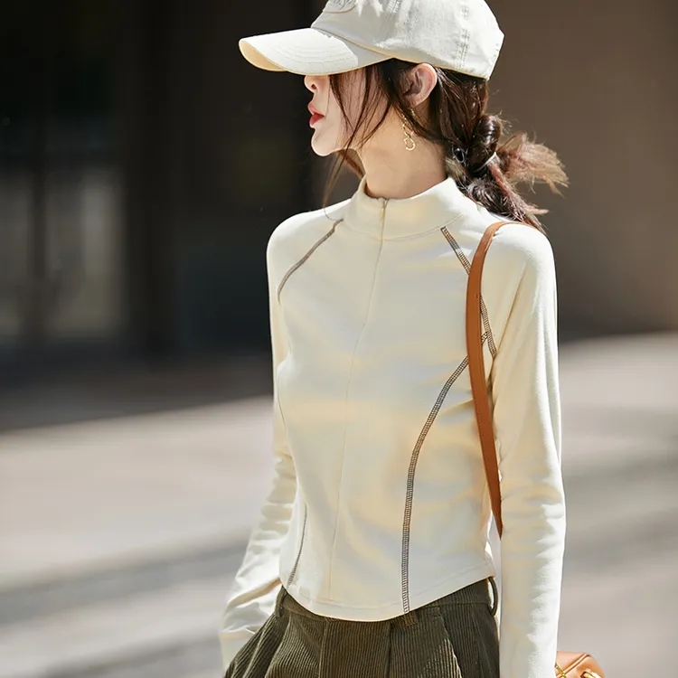 秋冬半高领德绒蓄热半拉链修身T恤内搭女保暖磨毛气质打底衫上衣