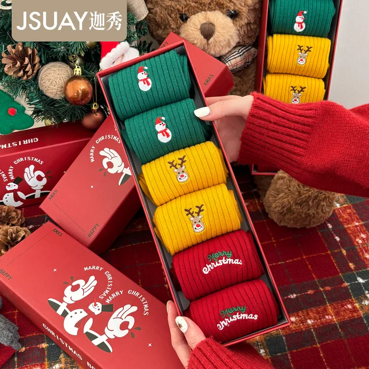 圣诞袜子女款秋冬季纯棉保暖中筒袜情侣圣诞节礼物礼盒男款长筒袜