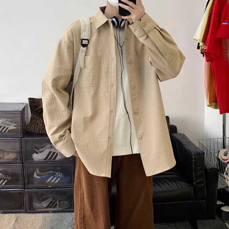 格子衫亚麻短袖衬衣爆款新款复古休闲日系春秋华夫格纯色宽松衬衫