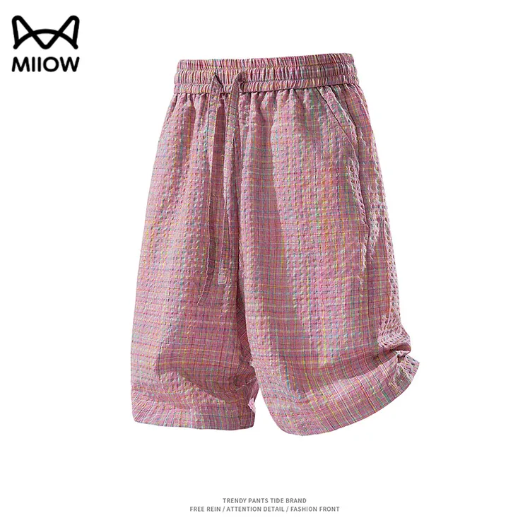 猫人美式格纹泡泡纱短裤男夏季新款速干透气直筒裤休闲百搭五分裤