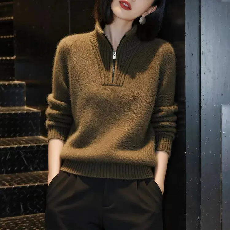 翻领半拉链长袖针织衫女秋冬新款高级感洋气显瘦减龄内搭打底上衣