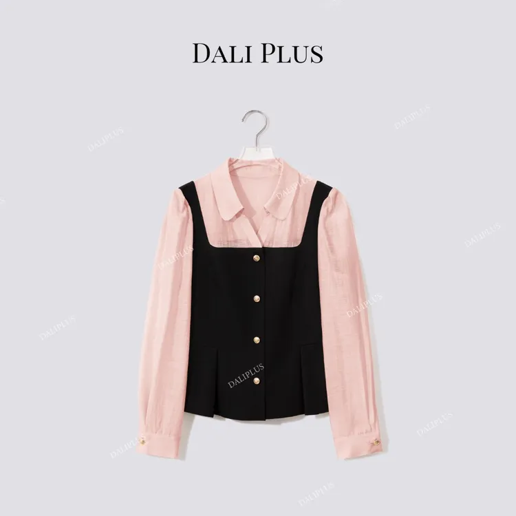 DALI PLUS“粉黑马甲衬衫”假两件醋酸天丝排扣长袖衬衫-D5SS7276-1