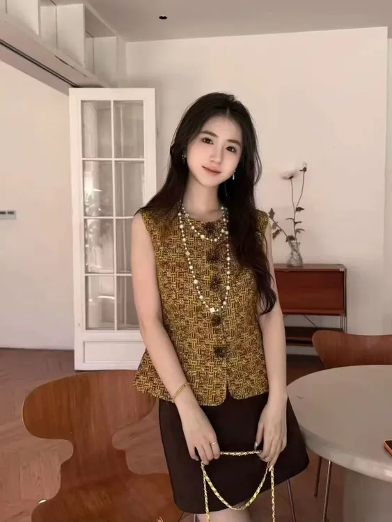 SS25828欧货重工编织粗花呢马甲女秋季高端名媛气质无袖坎肩上衣