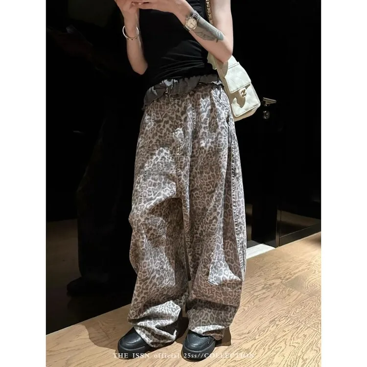 复古宽松直筒做旧磨白豹纹牛仔裤男女设计感显瘦弯刀阔腿休闲裤潮
