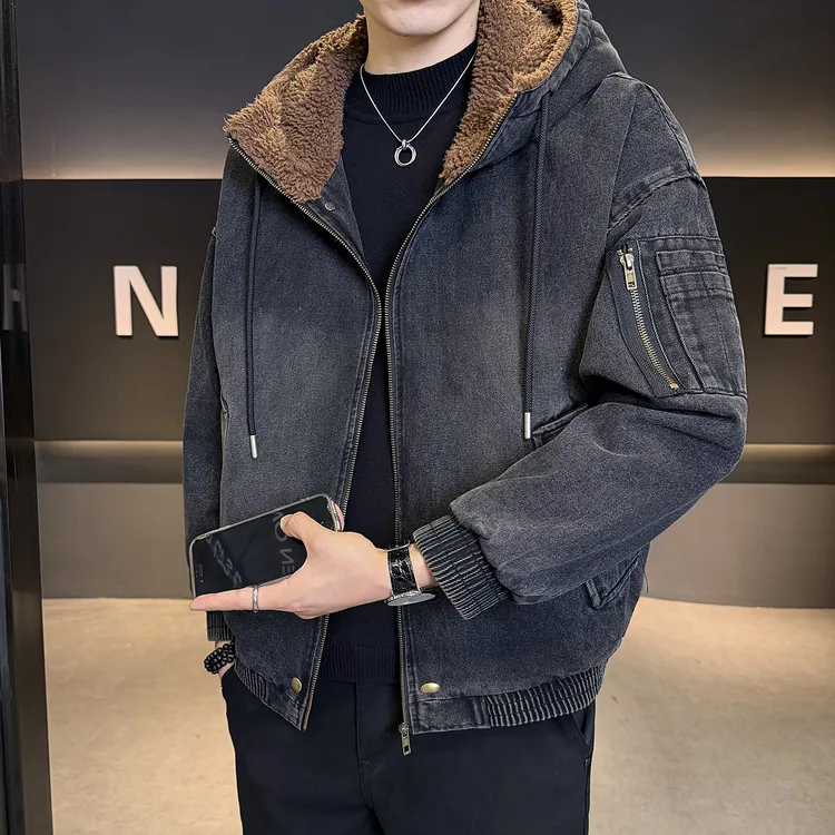 男士连帽牛仔夹克秋冬2025新款加绒加厚宽松帅气休闲高端潮流外套