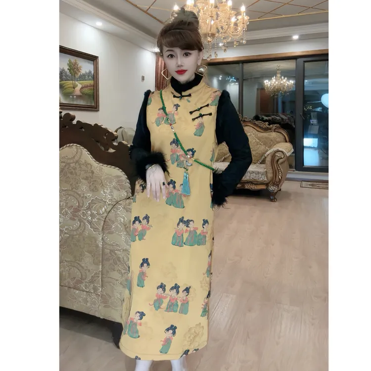 ［欢喜小唐人］冬季新款国风加绒加厚旗袍裙无袖长裙