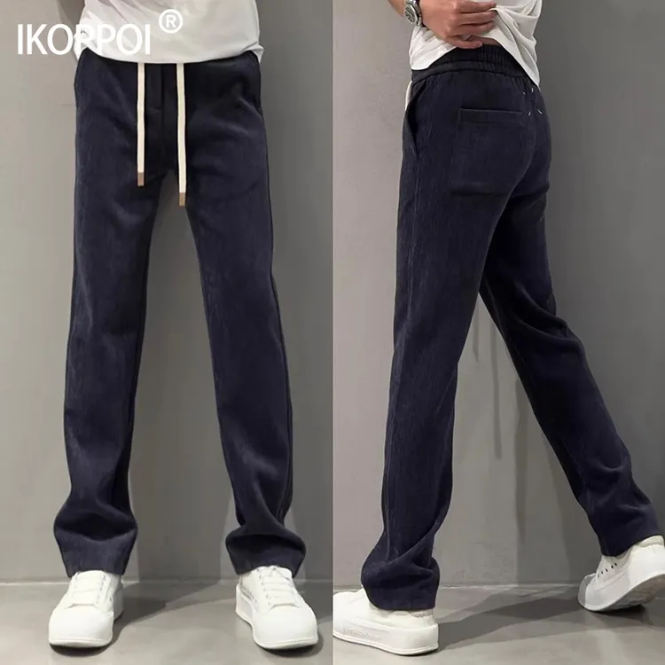 高品质欧货条绒直筒加绒加厚休闲裤男秋冬纯色阔腿裤宽松运动卫裤