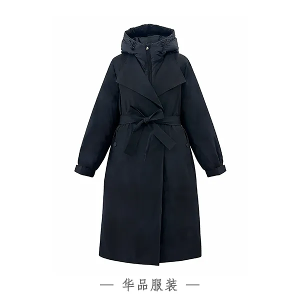 鹅绒风衣三合一中长款保暖羽绒藏蓝色收腰连帽女款鹅绒服
