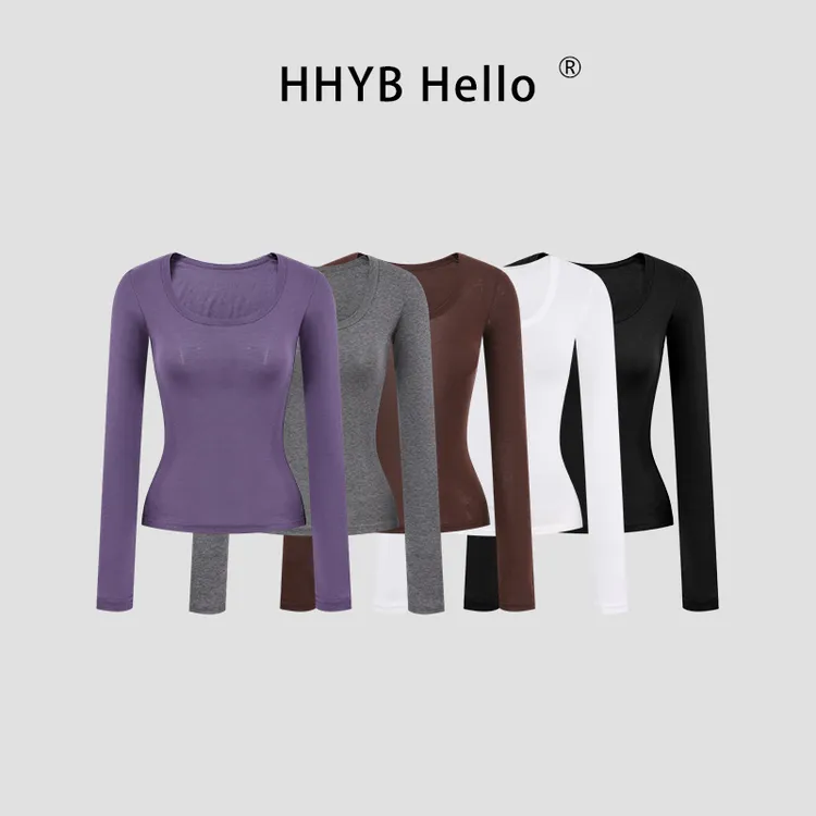 HHYB Hello韩系简约圆领打底衫女2025秋冬新款修身显瘦T恤250973