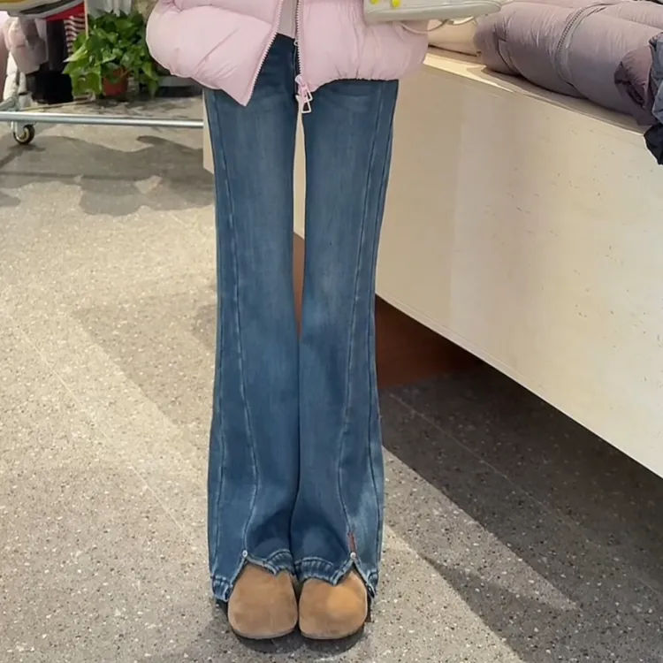 宿慕SUMU经典显瘦牛仔筒喇裤2025新12-9百搭加绒直筒微喇裤33081