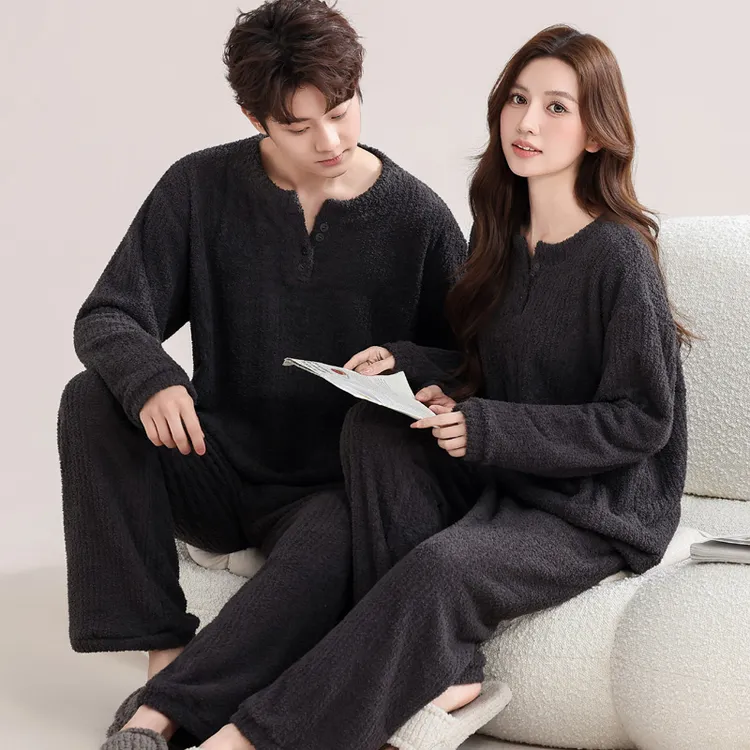 半边绒情侣睡衣女秋冬季珊瑚绒加绒加厚保暖家居服男士冬天款套装