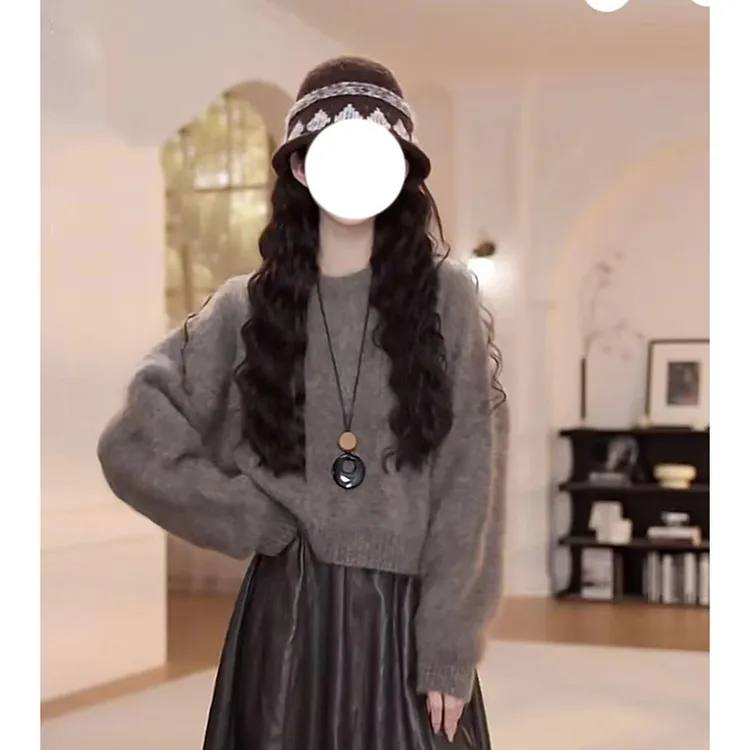 【YANYAN】早秋新款圆领纯色长袖毛衣+松紧腰肌理感皮裙半身裙