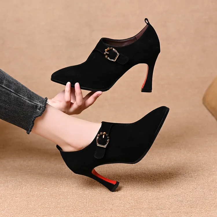 真皮羊皮魔术贴金属扣高跟鞋2025春秋新款尖头百搭磨砂皮深口单鞋