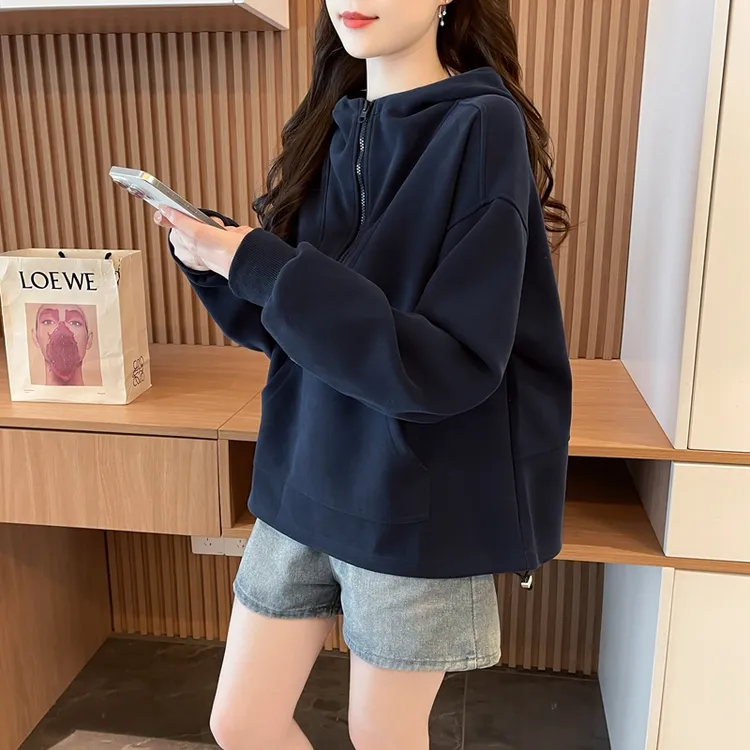 半拉链连帽长袖卫衣女秋季爆款韩版宽松慵懒风设计感小众遮肉上衣