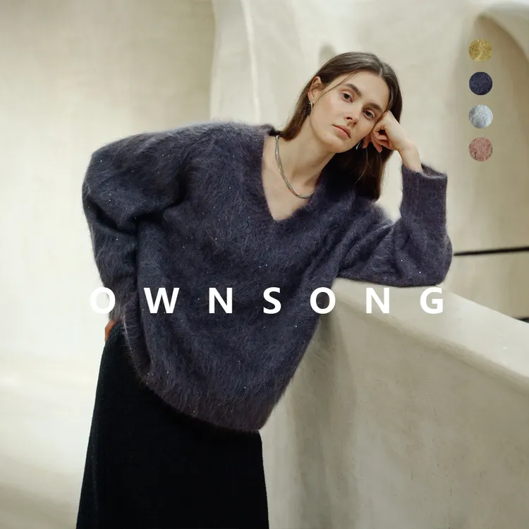 OWNSONG 年度绝美！彩宝花纱山羊绒拉绒珠片慵懒V领毛衣针织上衣