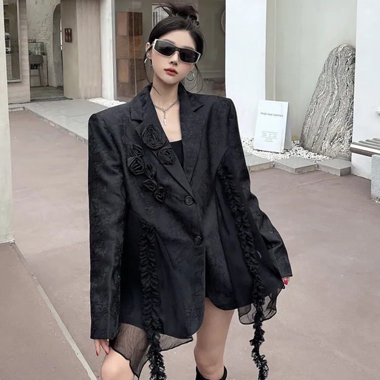 春款名媛风西装外套黑色高级感提花西服拼接设计感重工立体玫瑰花