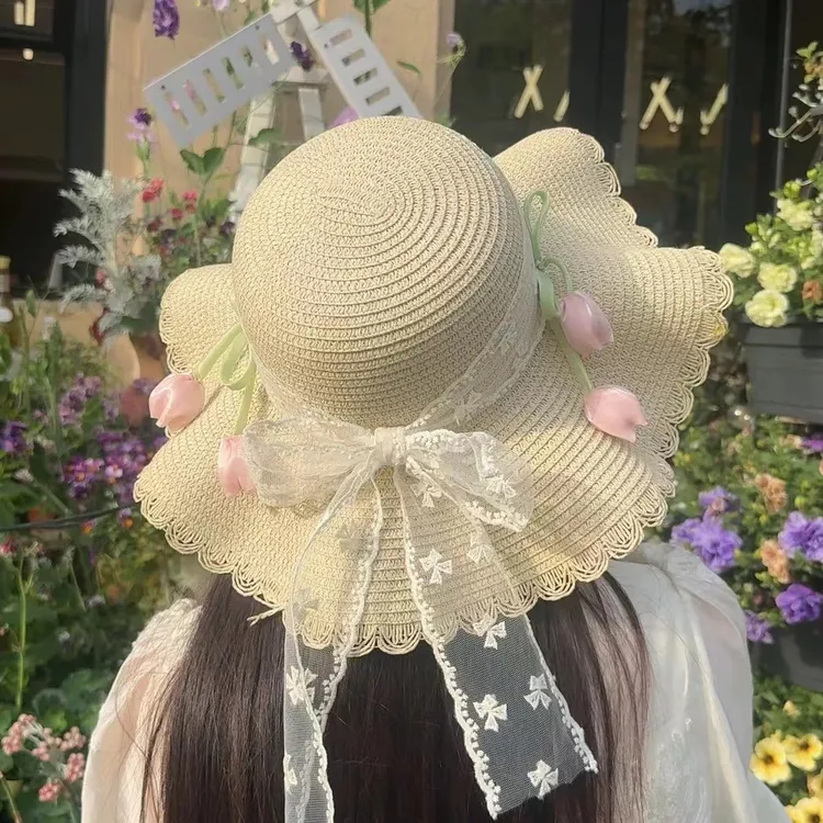 花边草编草帽子夏季防紫外线帽海边沙滩网红拍照大帽檐遮阳帽