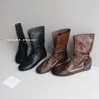 【Jellykk】2cm重工复古油蜡真皮设计款骑士拼接圆头系带时装拳击靴