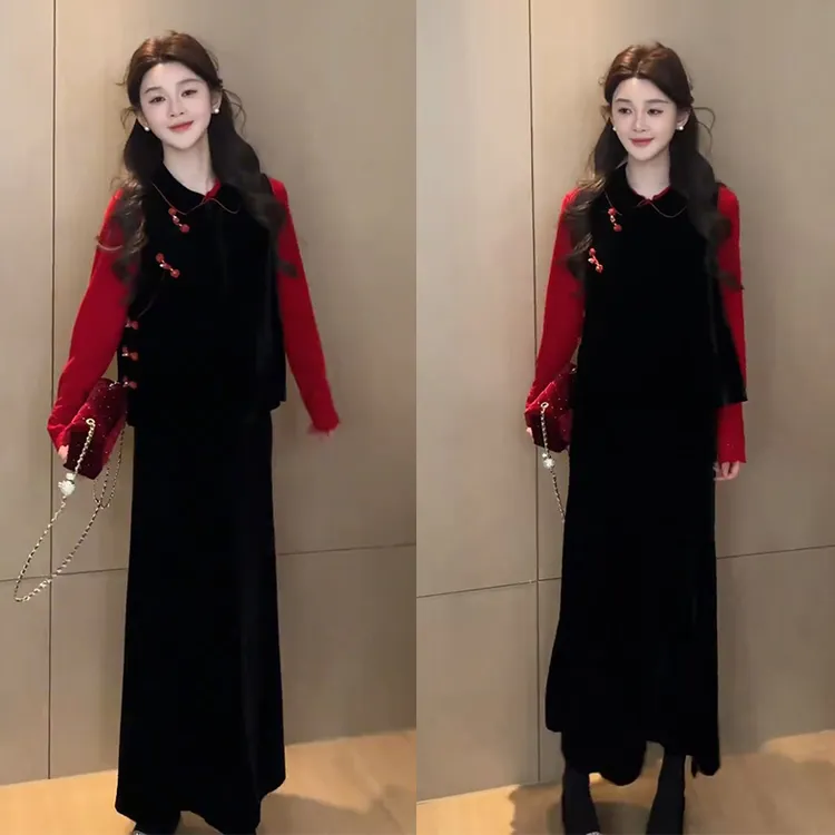 新中式新年穿搭2026年早春新款百搭长袖打底衫马甲半身裙三件套装