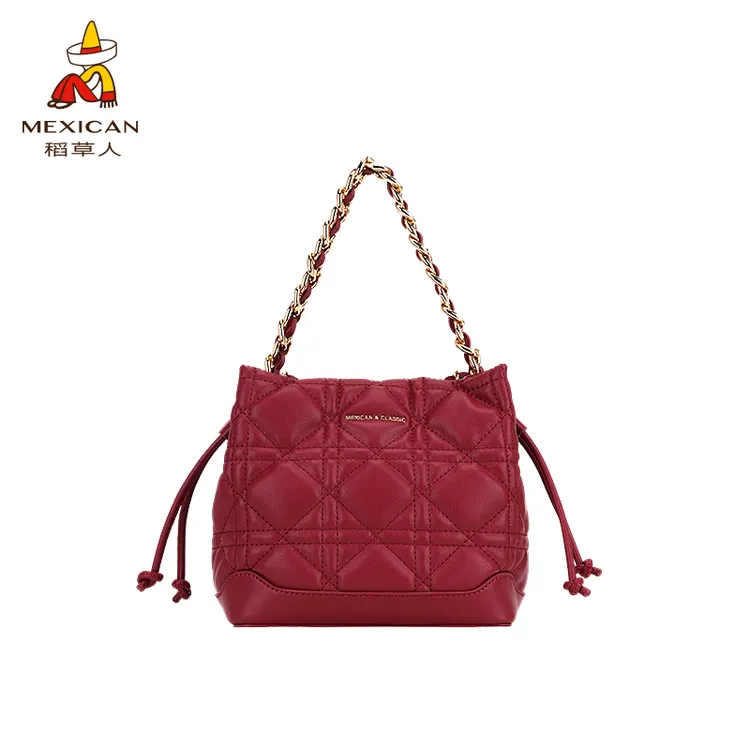 稻草人藤格纹小香风精致包包大容量通勤女单肩手提水桶包