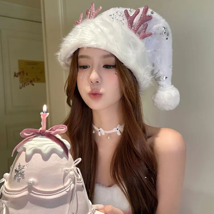 圣诞美神 新款白色雪花鹿角圣诞帽子节日穿搭装扮头饰氛围感配饰
