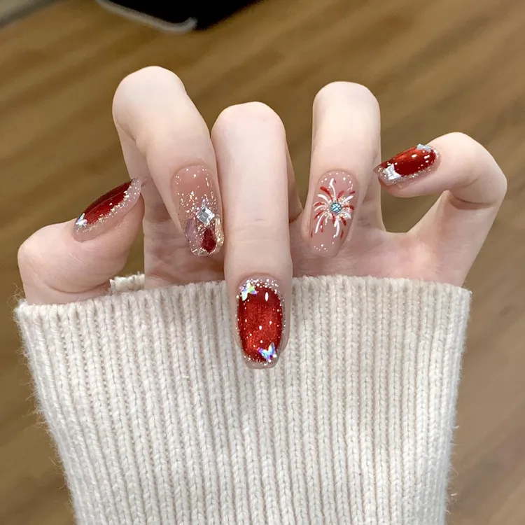 【绚烂烟火】新年款红色猫眼纯手工穿戴甲短款显白美甲贴片假指甲