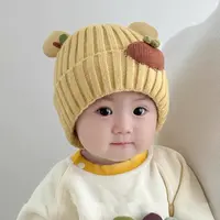 秋冬季休闲风无檐圆顶护耳帽卡通风翻边檐婴儿帽子