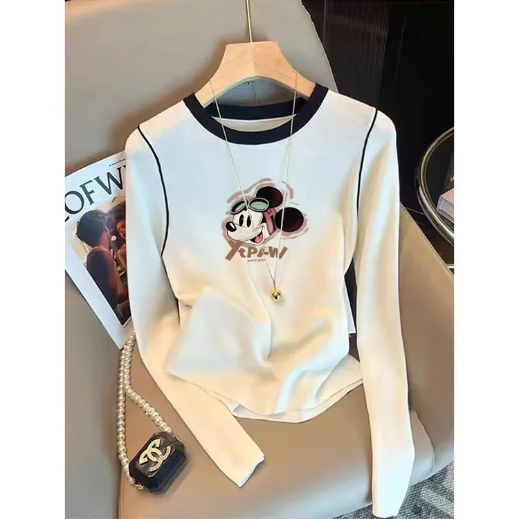 撞色拼接长袖t恤女秋冬季德绒保暖修身显瘦内搭打底衫卡通上衣ins