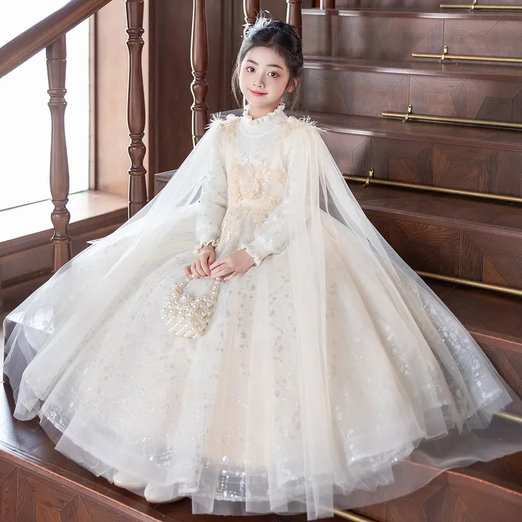 女童公主裙高端轻奢保暖礼服花童婚礼小女孩儿童主持人钢琴演出服