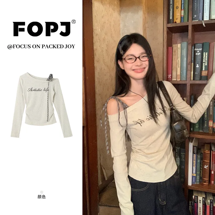 FOPJ韩系绑带斜肩长袖t恤女早秋新款设计感修身显瘦辣妹打底上衣