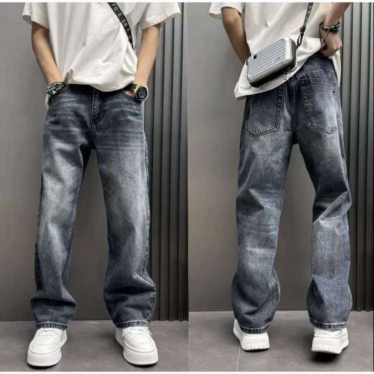 复古水洗做旧猫须牛仔裤男秋季款新款美式高街潮流宽松直筒休闲裤