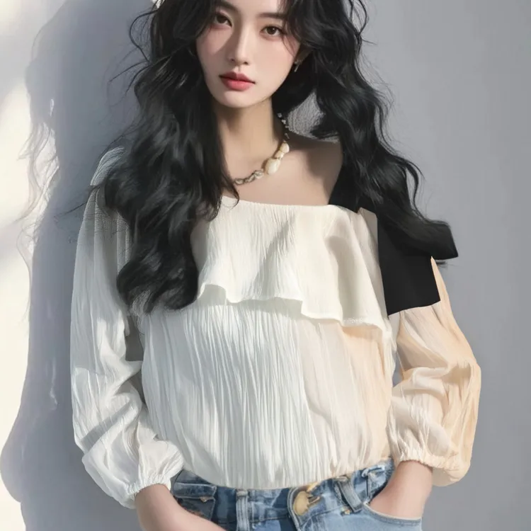 甜美一字领露肩绑带蝴蝶结荷叶边衬衫女温柔风百搭超仙上衣潮