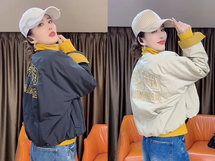 刺绣拼色撞色系短款棉服25011