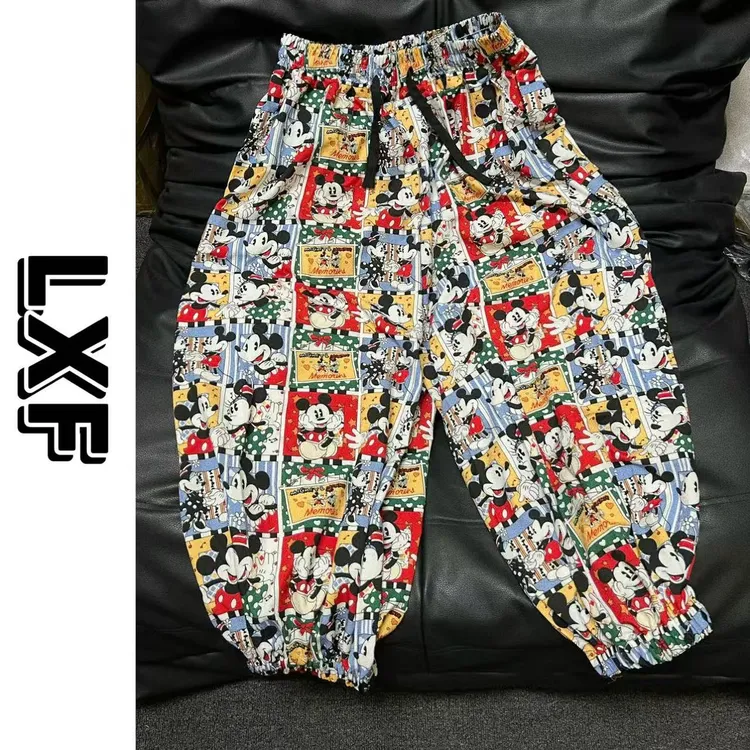 LXF 时尚百搭设计感小众卡通宽松大码情侣款米奇印花松紧腰沙滩裤