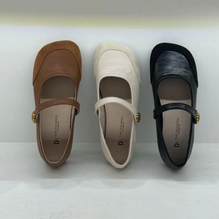 修面浅口一字式扣带平底单鞋百搭时尚学院风方头浅口豆豆鞋