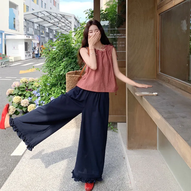 韩系设计感套装裤女2025夏季新款ins风松弛感穿搭无袖上衣阔腿裤