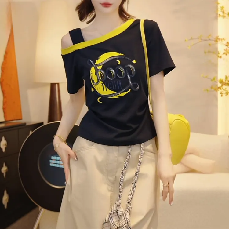 韩系短款月亮印花T恤女2025夏季新款学院风减龄时尚别致小众上衣